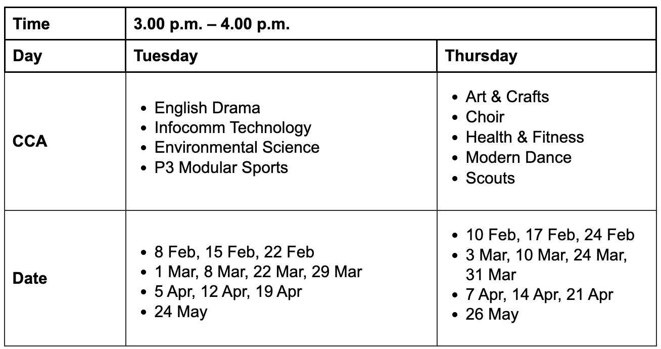 CCA Schedule